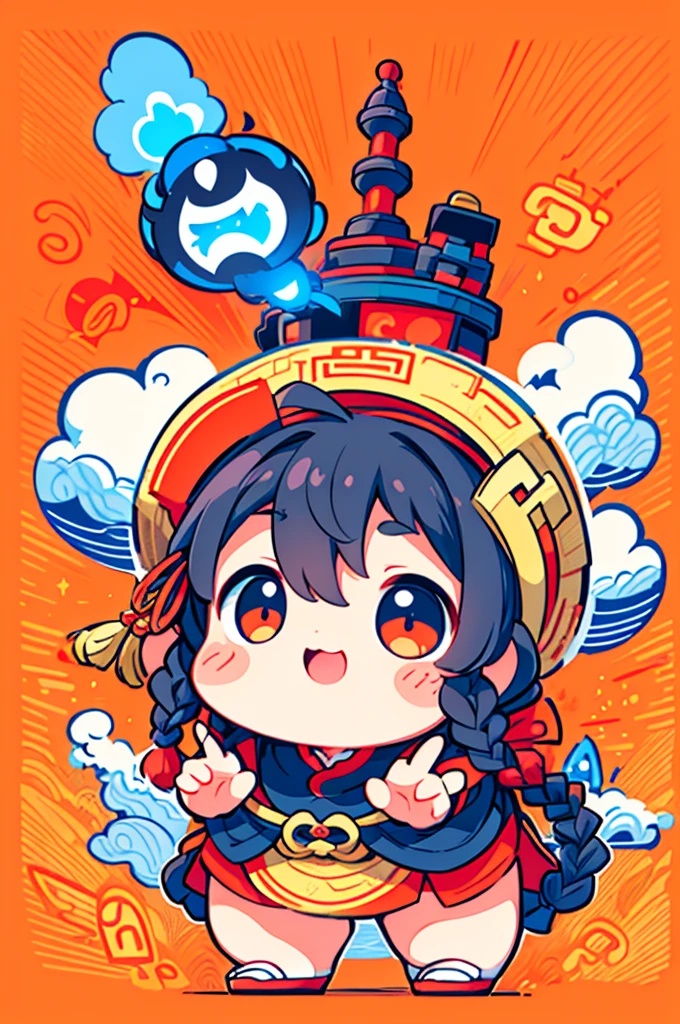 Game character design，(((Vector illustration style)))，(1 chubby child，Wearing the legendary Chinese New Year red costume，Wearing an auspicious gemstone headdresuwa#39;s facial expression  cute and enthusiastic，The eyes are shining，The corners of the mouth are raised), (Fuwa holds a bunch of firecrackeruwa’s hair has two cute little braids，You can tie a red ribbon on the braid), (((The stands up，Chinese Xiangyun cloth shoes: 1.6, Glowing lines or orange LED light effect))), (Full body shot: 1.5), ((Chinese element background，Auspicious cloud background)), (pov, first-person view, Ghibli-like colours, Luminism, cinematic lighting, UHD, masterpiece, ccurate, anatomically correct, textured skin, super detail, high details, high quality, award winning, best quality, 4k)