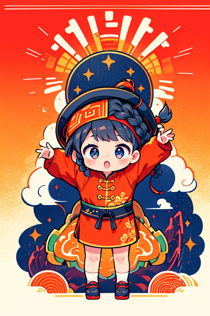Game character design，(((Vector illustration style)))，(1 chubby child，Wearing the legendary Chinese New Year red costume，Wearing an auspicious gemstone headdresuwa#39;s facial expression  cute and enthusiastic，The eyes are shining，The corners of the mouth are raised), (Fuwa holds a bunch of firecrackeruwa’s hair has two cute little braids，You can tie a red ribbon on the braid), (((The stands up，Chinese Xiangyun cloth shoes: 1.6, Glowing lines or orange LED light effect))), (Full body shot: 1.5), ((Chinese element background，Auspicious cloud background)), (pov, first-person view, Ghibli-like colours, Luminism, cinematic lighting, UHD, masterpiece, ccurate, anatomically correct, textured skin, super detail, high details, high quality, award winning, best quality, 4k)
