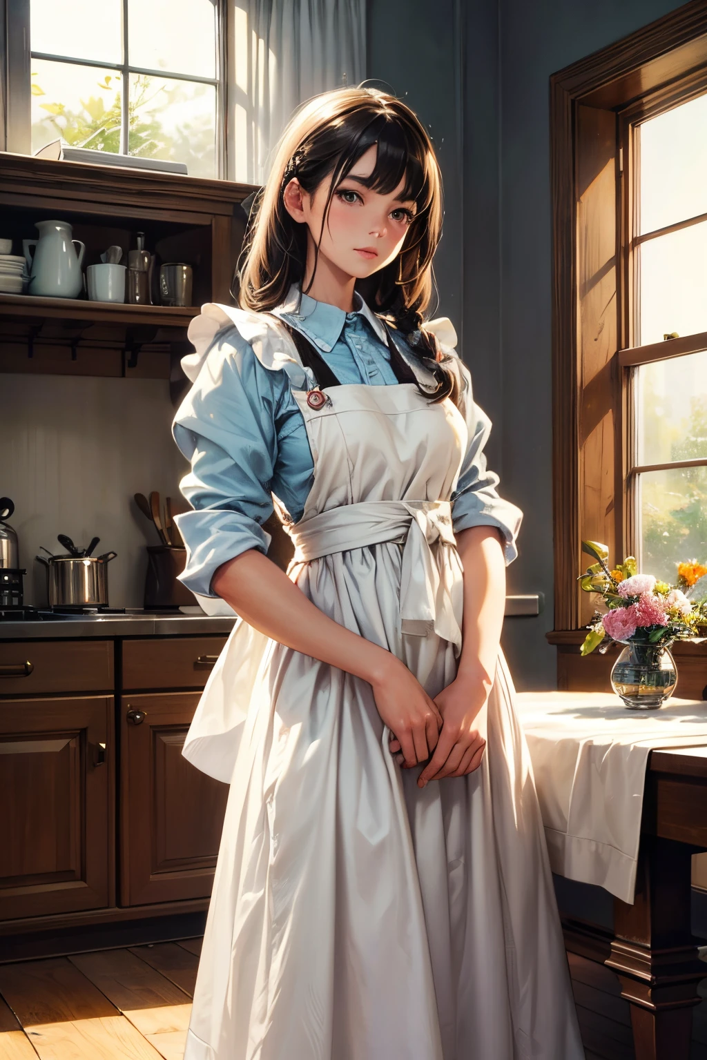 A housemaid,traditional dress, beautiful detailed apron, elegant posture, vintage style, detailed embroidery, crisp white collar, neatly tied hair, sunny day, well-lit room, fresh flowers on the table, polished wooden floor, clean windows, warm and cozy atmosphere, soft natural light, professional photography, vibrant colors, pastel tones, delicate brushstrokes, fine details, high definition, realistic rendering, exquisite artwork.