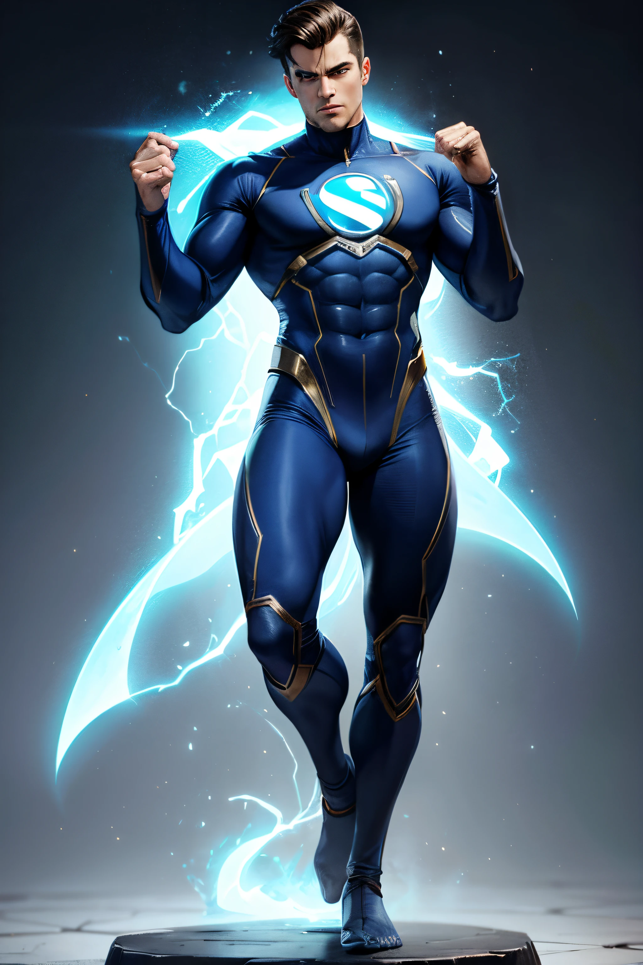 Create a Nitrogen-Themed Male Superhero, roupas de cor cinza claro e uma aura cinza claro emanando de seus olhos, hands and feet