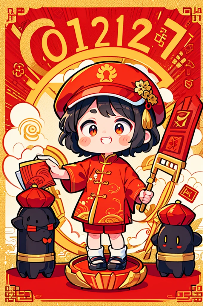 Game character design,(((Vector illustration style))),(1 cute ,Wearing a red hat,Wearing Chinese red clothes,The clothes are painted with golden dragons、Phoenix and other patterns,Highlighting the theme of 2024 as the Year of the Dragon in the Chinese Lunar Calendar)。(The eyes are big,Two small dimples are revealed when blinking,Smile and open your mouth to show your neat teeth,Hand holding red envelope,Big red envelope,The action of sending blessings or receiving lucky money)。(Thick bouncy black curly hair,Wearing a small red flower on the head)。(Red hat with gold trim and embroidery,The clothes have detailed designs such as buttons and embroidery), (((The stands up,Chinese Xiangyun cloth shoes: 1.6, Glowing lines or orange LED light effect))), (Full body shot: 1.5), ((Chinese element background,Auspicious cloud background)), (pov, first-person view, Ghibli-like colours, Luminism, cinematic lighting, UHD, masterpiece, ccurate, anatomically correct, textured skin, super detail, high details, high quality, award winning, best quality, 16k)