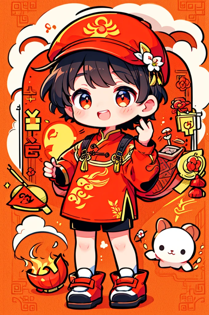 Game character design,(((Vector illustration style))),(1 cute ,Wearing a red hat,Wearing Chinese red clothes,The clothes are painted with golden dragons、Phoenix and other patterns,Highlighting the theme of 2024 as the Year of the Dragon in the Chinese Lunar Calendar)。(The eyes are big,Two small dimples are revealed when blinking,Smile and open your mouth to show your neat teeth,Hand holding red envelope,Big red envelope,The action of sending blessings or receiving lucky money)。(Thick bouncy black curly hair,Wearing a small red flower on the head)。(Red hat with gold trim and embroidery,The clothes have detailed designs such as buttons and embroidery), (((The stands up,Chinese Xiangyun cloth shoes: 1.6, Glowing lines or orange LED light effect))), (Full body shot: 1.5), ((Chinese element background,Auspicious cloud background)), (pov, first-person view, Ghibli-like colours, Luminism, cinematic lighting, UHD, masterpiece, ccurate, anatomically correct, textured skin, super detail, high details, high quality, award winning, best quality, 16k)