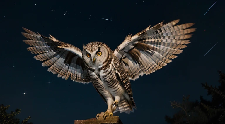 The owl leading a midnight flight under a starlit sky.