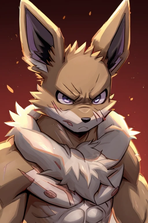 illustration style, anime, eevee, with an whiter humanoid face, purple and gray inner ears, light brown fur, light skinny body, big floofy white fur around the neck, tough looking, angry face, scar on left eye, purple inner ears, black marks on skin