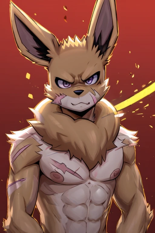 illustration style, anime, eevee, with an whiter humanoid face, purple and gray inner ears, light brown fur, light skinny body, big floofy white fur around the neck, tough looking, angry face, scar on left eye, purple inner ears, black marks on skin