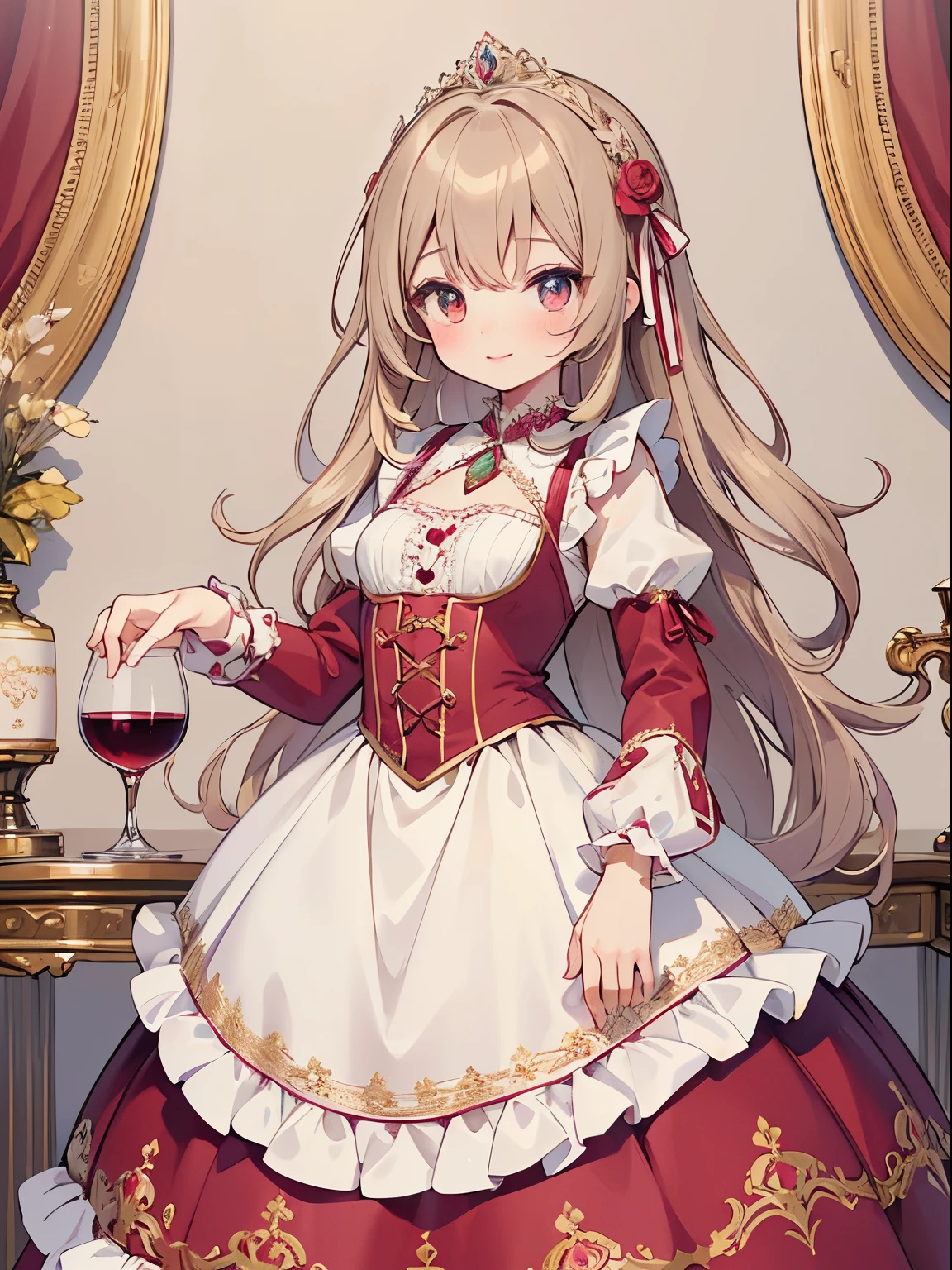 (Top Quality, 4K, High Resolution, Masterpiece), ((Perfect Anatomy)), Cute Girl, Chibi, (Light Brown Hair, Beige Hair, Long Hair, Gradient Eyes), ((👄)), Smile, BREAK , burgundy dress with lace decoration, pastel colors, ((princess in a gorgeous rococo ball gown decorated with beautiful embroidery and jewels, voluminous hoop skirt with ruffles)), ((crinoline)),(small breasts), ((🍷)), wine background