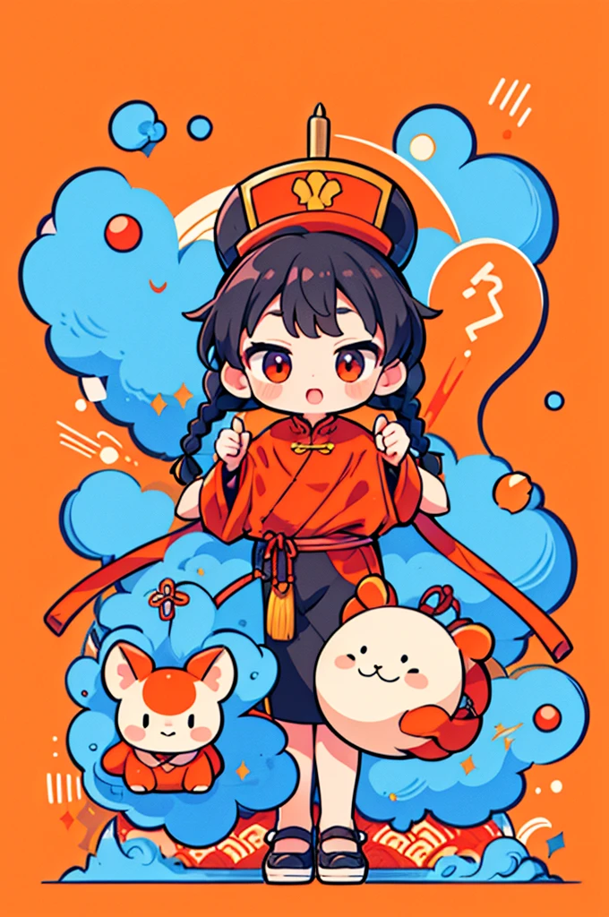 Game character design，(((Vector illustration style)))，(1 chubby child，Wearing the legendary Chinese New Year red costume，Wearing an auspicious gemstone headdresuwa#39;s facial expression  cute and enthusiastic，The eyes are shining，The corners of the mouth are raised), (Fuwa holds a bunch of firecrackeruwa’s hair has two cute little braids，You can tie a red ribbon on the braid), (((The stands up，Chinese Xiangyun cloth shoes: 1.6, Glowing lines or orange LED light effect))), (Full body shot: 1.5), ((Chinese element background，Auspicious cloud background)), (pov, first-person view, Ghibli-like colours, Luminism, cinematic lighting, UHD, masterpiece, ccurate, anatomically correct, textured skin, super detail, high details, high quality, award winning, best quality, 4k)