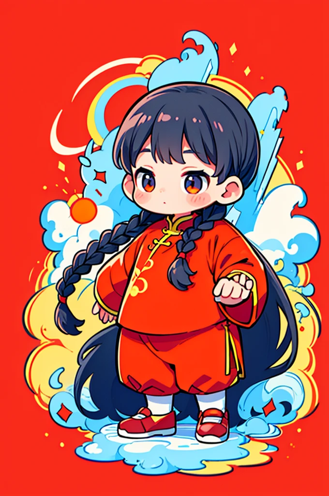 Game character design,(((Vector illustration style))),(1 chubby child,Wearing the legendary Chinese New Year red costume,Wearing an auspicious gemstone headdresuwa#39;s facial expression cute and enthusiastic,The eyes are shining,The corners of the mouth are raised), (Fuwa holds a bunch of firecrackeruwa’s hair has two cute little braids,You can tie a red ribbon on the braid), (((The stands up,Chinese Xiangyun cloth shoes: 1.6, Glowing lines or orange LED light effect))), (Full body shot: 1.5), ((Chinese element background,Auspicious cloud background)), (pov, first-person view, Ghibli-like colours, Luminism, cinematic lighting, UHD, masterpiece, ccurate, anatomically correct, textured skin, super detail, high details, high quality, award winning, best quality, 4k)