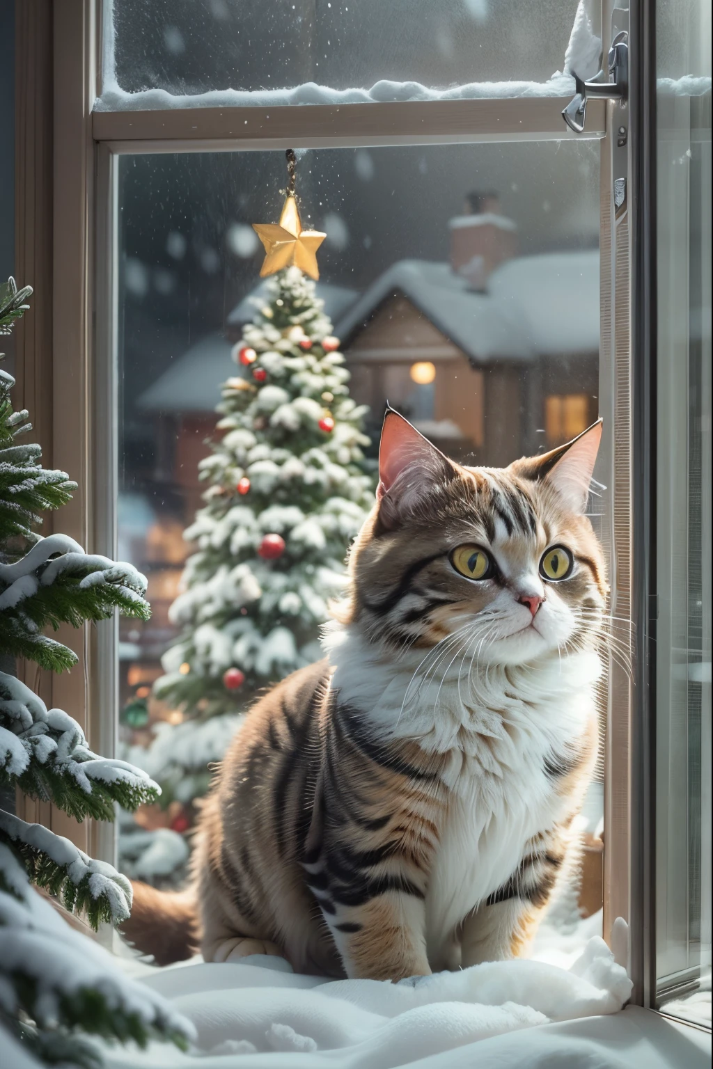 Scottish folding cat, indoors, christmas tree, Heavy snow outside the window.