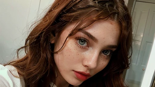 Pretty beautiful Serena in a selfie shot, 25-year-old, 1.76 meters tall, measurements 95-60-90, who expresses charm, sensuality and elegance in her poses, big emerald green-eyed, magnetic gaze, freckles, two buttery and big red fleshy lips, red lipstick, great long red hair, full-bodied and wavy, make-up natural with particular emphasis on the eyes and lips, wears an extra-large white men's shirt that reaches up to her thighs with nothing underneath, and accessories that match the color of her great long red hair, photorealistic,vivid colors,soft lighting