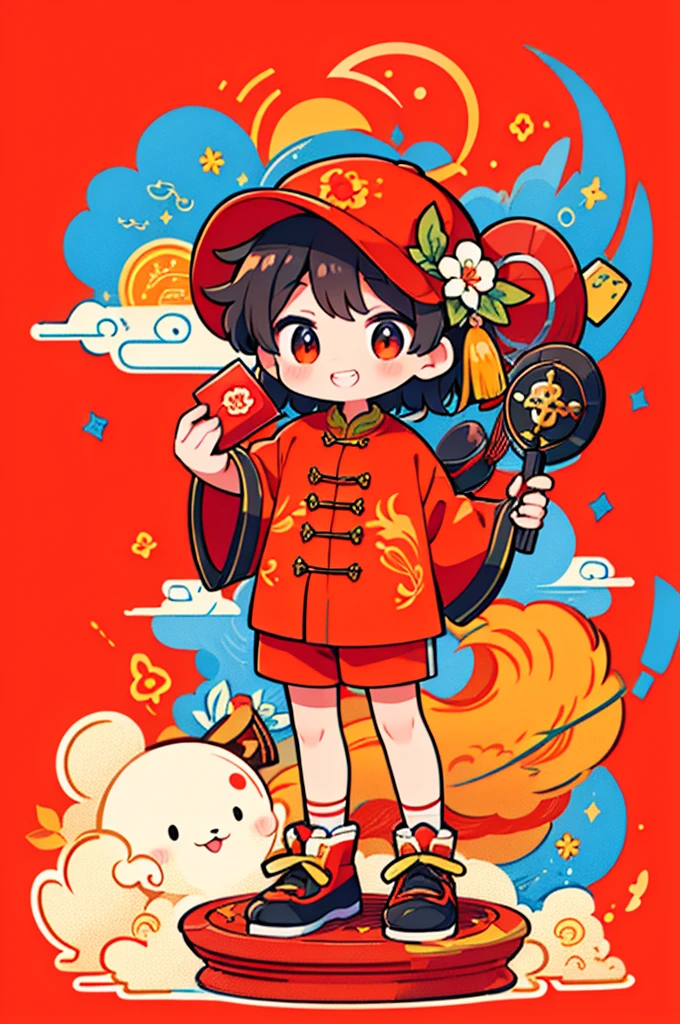 Game character design，(((Vector illustration style)))，(1 cute  boy，Wearing a red hat，Wearing Chinese red clothes，The clothes are painted with golden dragons、Phoenix and other patterns，Highlighting the theme of 2024 as the Year of the Dragon in the Chinese Lunar Calendar)。（The eyes are big，Two small dimples are revealed when blinking，Smile and open your mouth to show your neat teeth，Hand holding red envelope，Big red envelope，The action of sending blessings or receiving lucky money）。（Thick bouncy black curly hair，Wearing a small red flower on the head）。（Red hat with gold trim and embroidery，The clothes have detailed designs such as buttons and embroidery), (((The stands up，Chinese Xiangyun cloth shoes: 1.6, Glowing lines or orange LED light effect))), (Full body shot: 1.5), ((Chinese element background，Auspicious cloud background)), (pov, first-person view, Ghibli-like colours, Luminism, cinematic lighting, UHD, masterpiece, ccurate, anatomically correct, textured skin, super detail, high details, high quality, award winning, best quality, 16k)