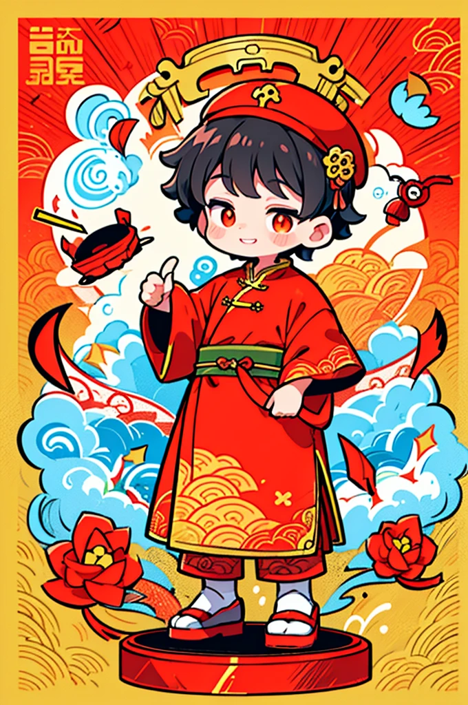 Game character design，(((Vector illustration style)))，(1 cute little boy，Wearing a red hat，Wearing Chinese red clothes，The clothes are painted with golden dragons、Phoenix and other patterns，Highlighting the theme of 2024 as the Year of the Dragon in the Chinese Lunar Calendar)。（The eyes are big，Two small dimples are revealed when blinking，Smile and open your mouth to show your neat teeth，Hand holding red envelope，Big red envelope，The action of sending blessings or receiving lucky money）。（Thick bouncy black curly hair，Wearing a small red flower on the head）。（Red hat with gold trim and embroidery，The clothes have detailed designs such as buttons and embroidery), (((The stands up，Chinese Xiangyun cloth shoes: 1.6, Glowing lines or orange LED light effect))), (Full body shot: 1.5), ((Chinese element background，Auspicious cloud background)), (pov, first-person view, Ghibli-like colours, Luminism, cinematic lighting, UHD, masterpiece, ccurate, anatomically correct, textured skin, super detail, high details, high quality, award winning, best quality, 16k)