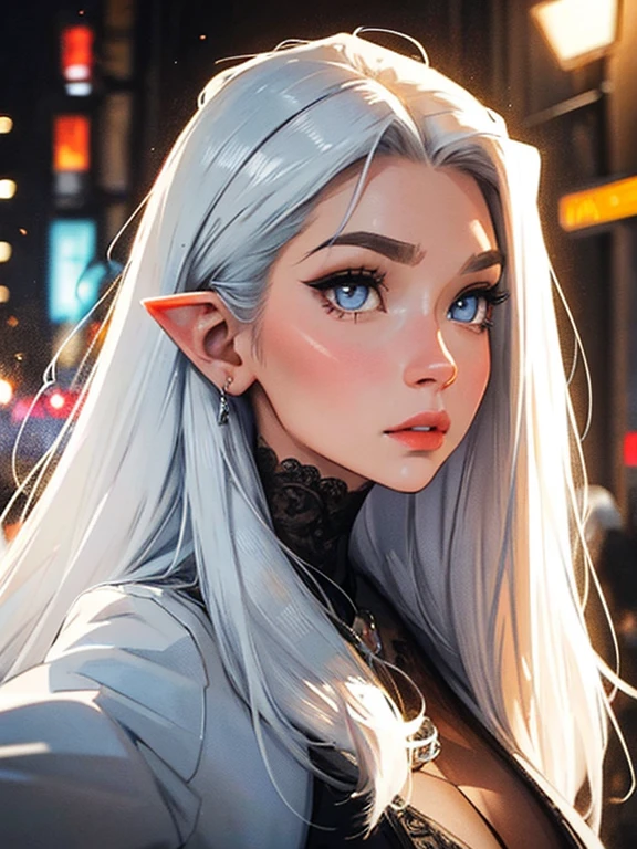 Elyra stands at an elegant and tall height for an elf, her figure slender and graceful. Her long, silver hair cascades down her back in loose waves. Selfie, Draufsicht: 1.4), (straight half of the body: 1.4), RAW UHD portrait photo of a 24-year-old white hair (Blue-eyed woman) Eine dunkle Gasse entlanggehen, big boobs,, Stadt bei Nacht, (Rock), (Ausschnitt), Details (Gewebe! , Haar! , Glitzer, Farbe!! , Benachteiligungen: 1.1), shiny eyes with high level of detail (Blick in die Kamera), SLR-Beleuchtung, Parcours, The Arch, Une belle fille avec, HD Portrait, (High quality) (ultra details) Regarder le spectateur en tenue de ville de style hip-hop; different, colourfull, very white hair