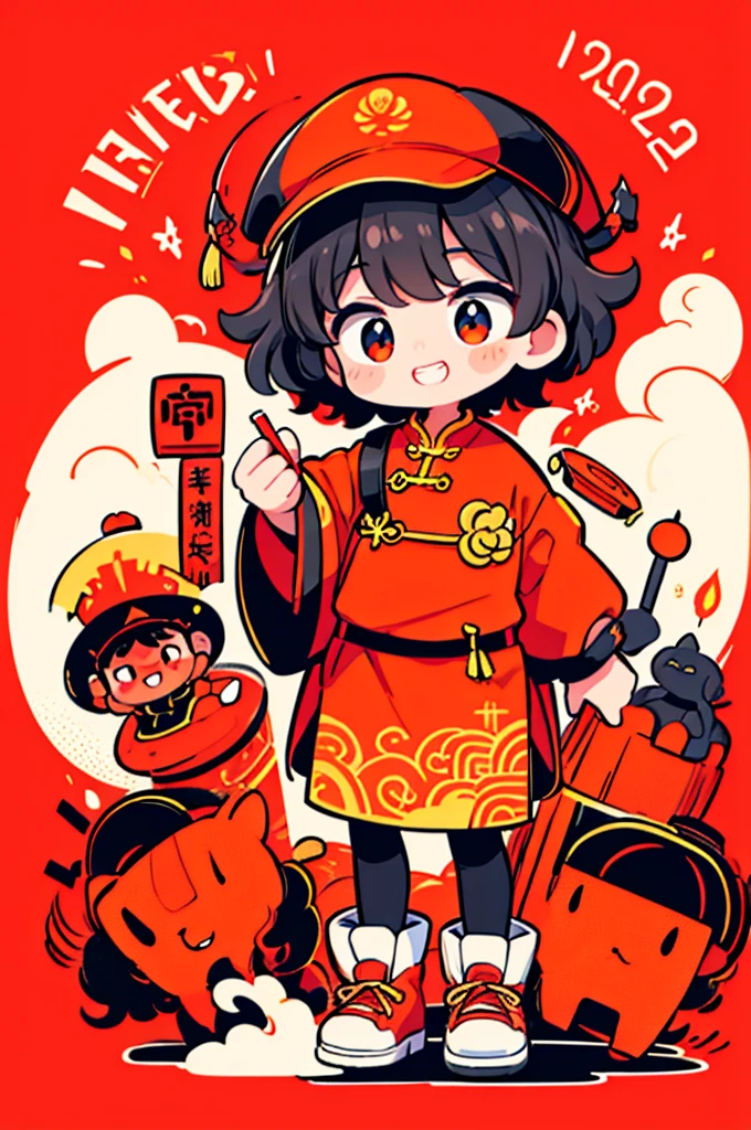 Game character design,(((Vector illustration style))),(1 cute little boy,Wearing a red hat,Wearing Chinese red clothes,The clothes are painted with golden dragons、Phoenix and other patterns,Highlighting the theme of 2024 as the Year of the Dragon in the Chinese Lunar Calendar)。(The eyes are big,Two small dimples are revealed when blinking,Smile and open your mouth to show your neat teeth,Hand holding red envelope,Big red envelope,The action of sending blessings or receiving lucky money)。(Thick bouncy black curly hair,Wearing a small red flower on the head)。(Red hat with gold trim and embroidery,The clothes have detailed designs such as buttons and embroidery), (((The stands up,Chinese Xiangyun cloth shoes: 1.6, Glowing lines or orange LED light effect))), (Full body shot: 1.5), ((Chinese element background,Auspicious cloud background)), (pov, first-person view, Ghibli-like colours, Luminism, cinematic lighting, UHD, masterpiece, ccurate, anatomically correct, textured skin, super detail, high details, high quality, award winning, best quality, 16k)