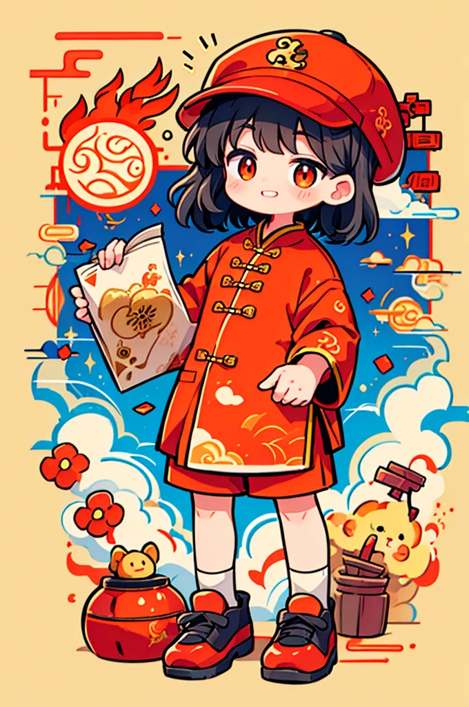 Game character design,(((Vector illustration style))),(1 cute little boy,Wearing a red hat,Wearing Chinese red clothes,The clothes are painted with golden dragons、Phoenix and other patterns,Highlighting the theme of 2024 as the Year of the Dragon in the Chinese Lunar Calendar)。(The eyes are big,Two small dimples are revealed when blinking,Smile and open your mouth to show your neat teeth,Hand holding red envelope,Big red envelope,The action of sending blessings or receiving lucky money)。(Thick bouncy black curly hair,Wearing a small red flower on the head)。(Red hat with gold trim and embroidery,The clothes have detailed designs such as buttons and embroidery), (((The stands up,Chinese Xiangyun cloth shoes: 1.6, Glowing lines or orange LED light effect))), (Full body shot: 1.5), ((Chinese element background,Auspicious cloud background)), (pov, first-person view, Ghibli-like colours, Luminism, cinematic lighting, UHD, masterpiece, ccurate, anatomically correct, textured skin, super detail, high details, high quality, award winning, best quality, 16k)