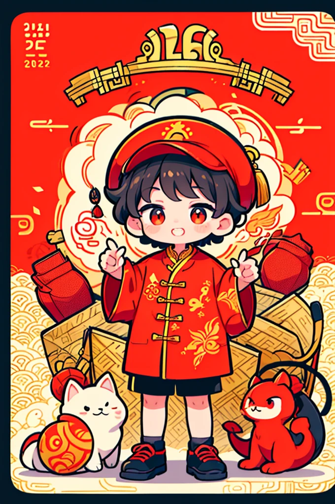 Game character design,(((Vector illustration style))),(1 cute ,Wearing a red hat,Wearing Chinese red clothes,The clothes are painted with golden dragons、Phoenix and other patterns,Highlighting the theme of 2024 as the Year of the Dragon in the Chinese Lunar Calendar)。(The eyes are big,Two small dimples are revealed when blinking,Smile and open your mouth to show your neat teeth,Hand holding red envelope,Big red envelope,The action of sending blessings or receiving lucky money)。(Thick bouncy black curly hair,Wearing a small red flower on the head)。(Red hat with gold trim and embroidery,The clothes have detailed designs such as buttons and embroidery), (((The stands up,Chinese Xiangyun cloth shoes: 1.6, Glowing lines or orange LED light effect))), (Full body shot: 1.5), ((Chinese element background,Auspicious cloud background)), (pov, first-person view, Ghibli-like colours, Luminism, cinematic lighting, UHD, masterpiece, ccurate, anatomically correct, textured skin, super detail, high details, high quality, award winning, best quality, 16k)