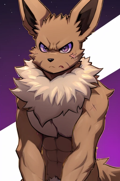 illustration style, anime, feral eevee, with an whiter humanoid face, purple and gray inner ears, light brown fur, light skinny body, big floofy white fur around the neck, tough looking, angry face, scar on left eye, purple inner ears, black marks on skin