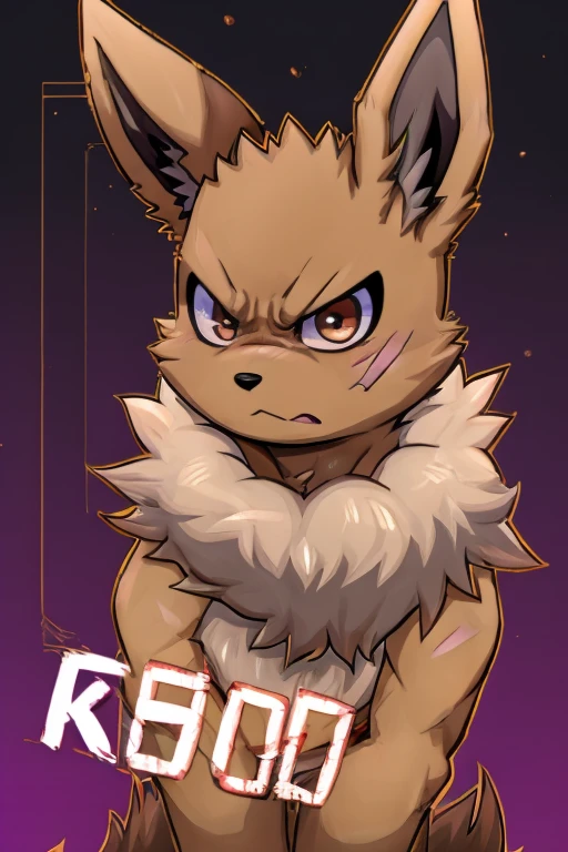 illustration style, anime, feral eevee, with an whiter humanoid face, purple and gray inner ears, light brown fur, light skinny body, big floofy white fur around the neck, tough looking, angry face, scar on left eye, purple inner ears, black marks on skin