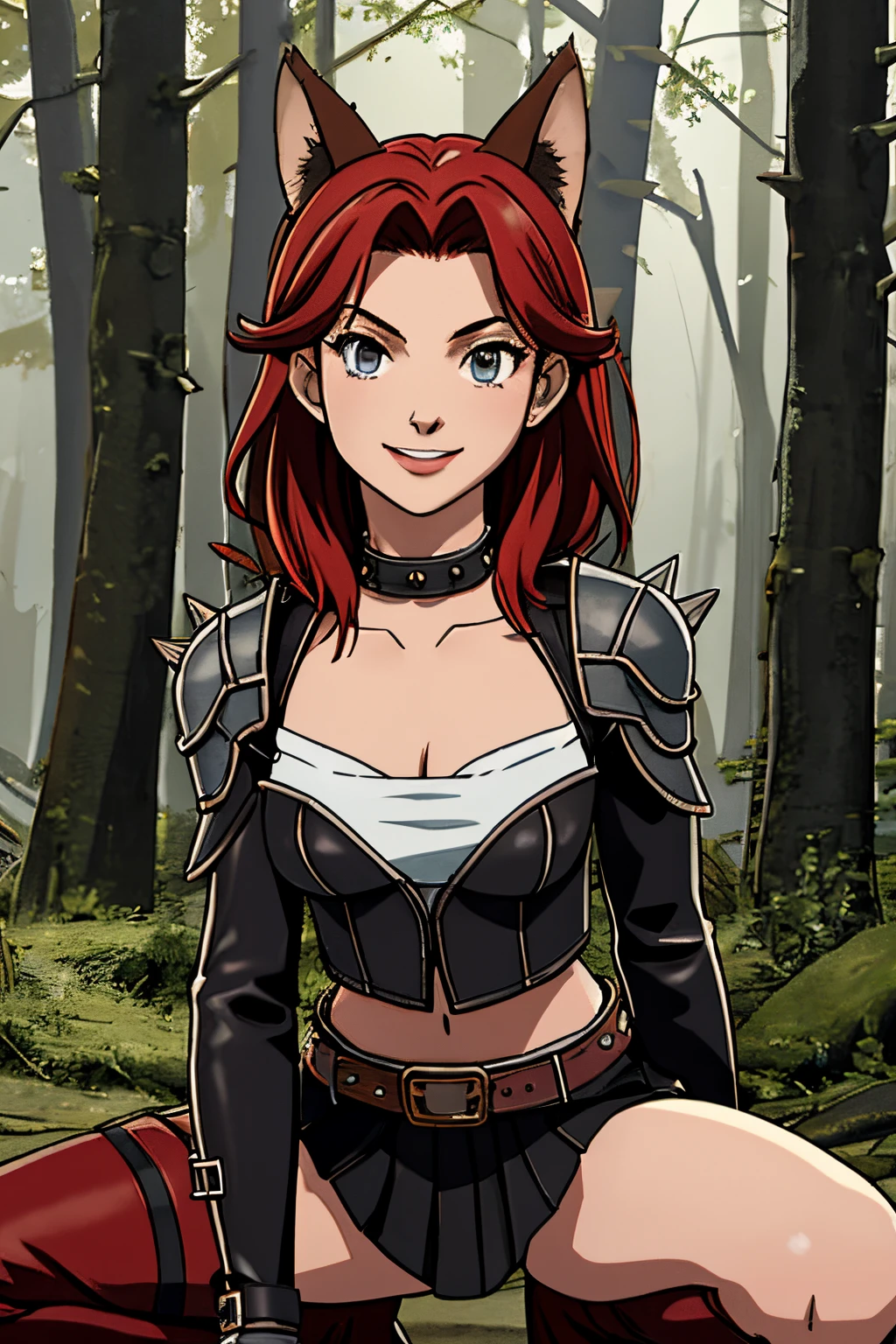 Beautiful 1girl in, fullbody, teenager, Solo, spiky hair, disheveled spiky red hair, spiky red hair, light gray eyes, some small freckles, pale skin, medium breasts, cleavage, runners body, (thin hips, thin waist: 1.25), (arched back:1.12), detailed skin, neutral face, mischievous smile, revealing clothes, (wearing cropped open leather jacket, shoulder armor, cloth bralette, leather skirt, bracers, thigh high armored boots: 1.1), (groping chest: 1.23), touching herself, (crouching: 1.22), (dark dark red fox ears:1.25), (detailed magical forest background:1.1), creek, overlooking opening in forest, 4k textures, soft light, elegant, highly detailed, sharp focus, soothing tones, insane details, intricate details, hyperdetailed, low contrast, exposure blend, hdr, faded