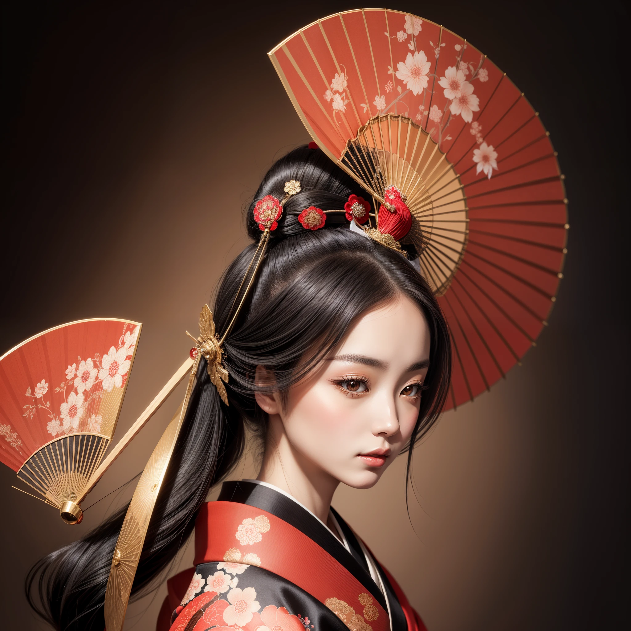 a beautiful young geisha, with full lips, beautiful eyes, silky skin, black hair, with a fan on her head, wearing a very ornate stylized kimono, Portrait of a beautiful hyperrealistic geisha, Exquisite portrait of the photorealistic geisha, Geisha of beauty, Portrait of a beautiful geisha goddess, skilled Japanese geisha, intricately detailed Japanese geisha, elegant and refined Japanese woman, hot female geisha girl, a realistic traditional Japanese masterpiece, a beautiful digital art depicting beauty.