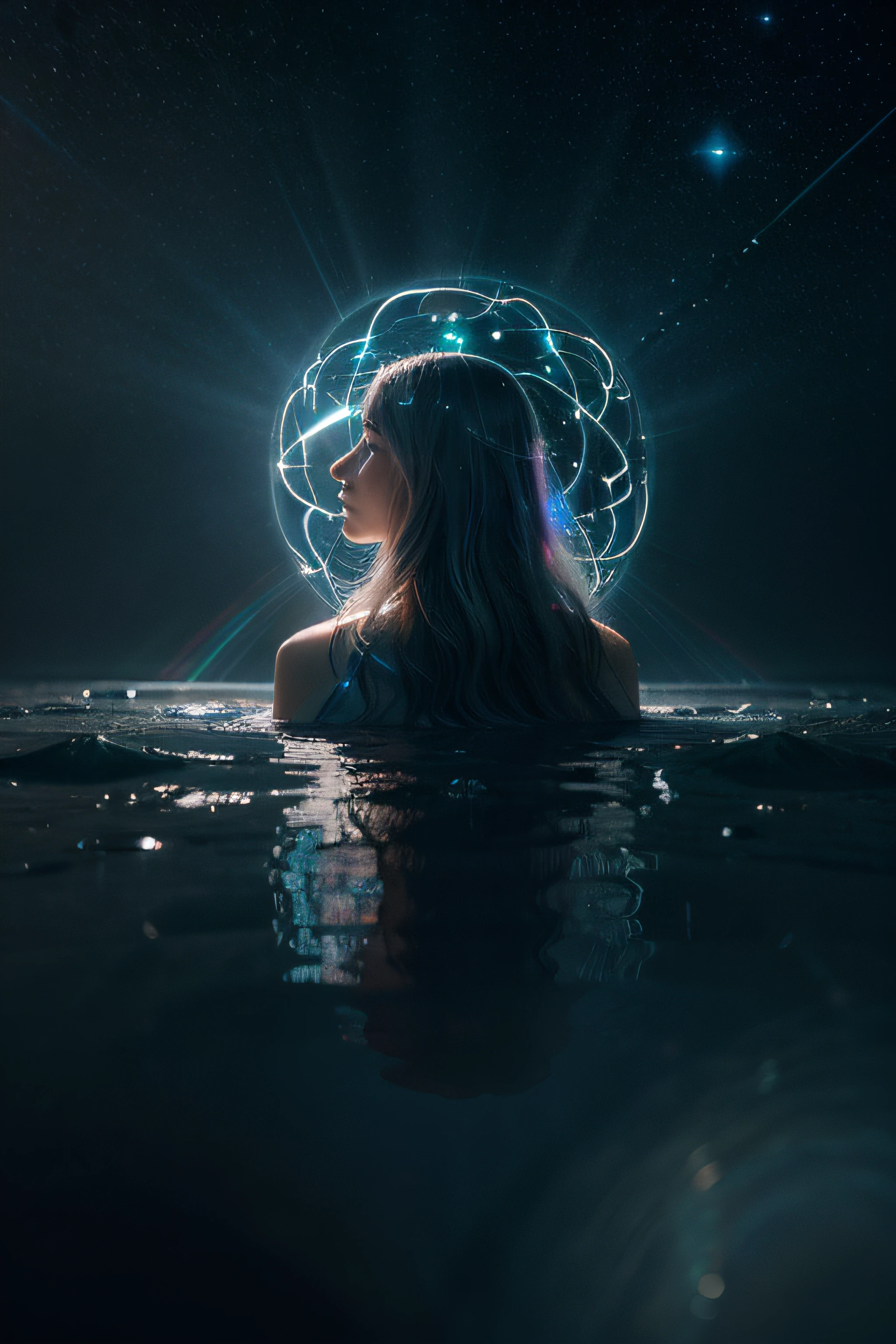 Human, Transcendence, Metamorphosis, Luminous Aura, Magical Realms, Ancient Wisdom, Collective Knowledge, Cultural Heritage, Celestial Gateways, Neural Pathways, Resilience, Spiritual Growth, Mystical Creatures, Infinite Potential, Learning, Adaptation, Surreal Landscapes, Cosmic Constellations, Floating Books, Ethereal Realms, Higher Consciousness, Enchantment, Boundless Possibilities, Realism, Impressionism, Hyperrealism, depth of field, cinematic lighting, chromatic aberration, reflection light, ray tracing, blending, god rays, from behind, wide shot, Wide-Angle, Ultra-Wide Angle, UHD, super detail, high details