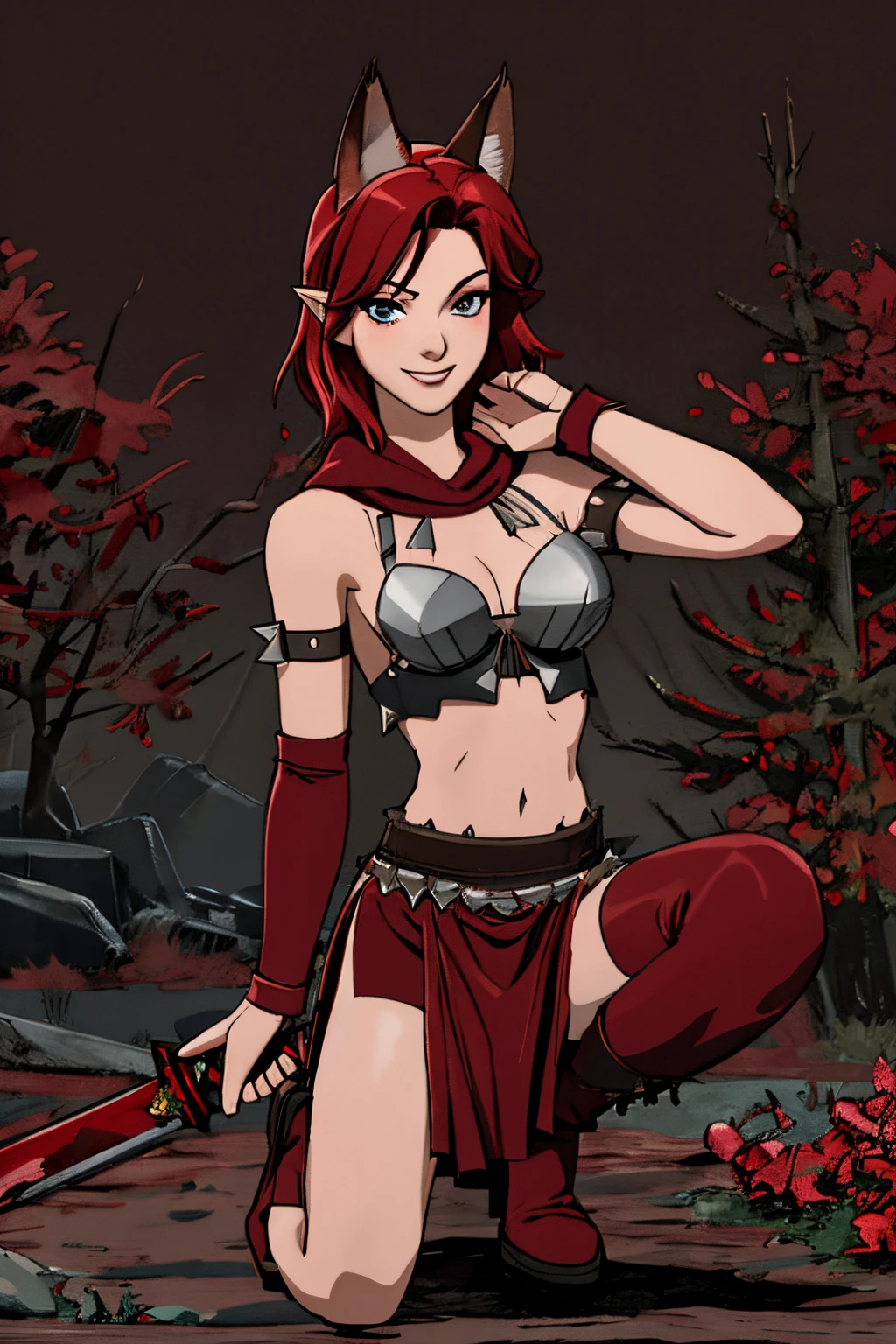 Beautiful 1girl in, fullbody, ager, Solo, spiky hair, disheveled spiky red hair, spiky red hair, light gray eyes, some small freckles, pale skin, medium breasts, cleavage, runners body, (thin hips, thin waist: 1.25), (arched back:1.12), detailed skin, neutral face, mischievous smile, revealing clothes, (wearing yeux rouge, Black and red studded leather armor, Bloody sword: 1.1), (groping chest: 1.23), touching herself, (crouching: 1.22), (dark dark red fox ears:1.25), (detailed magical forest background:1.1), creek, overlooking opening in forest, 4k textures, soft light, elegant, highly detailed, sharp focus, soothing tones, insane details, intricate details, hyperdetailed, low contrast, exposure blend, hdr, faded