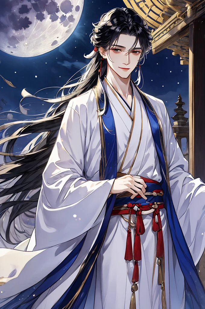 tmasterpiece，Best Picture Quality，Black-haired man，male people，white hanfu，，long, floated hair，wide sleeve noble robe，ancient wind，Solid color clothes，The clothes do not have any patterns，Smilingly，gentlesoftlighting，water ink，Behind it  the full moon，