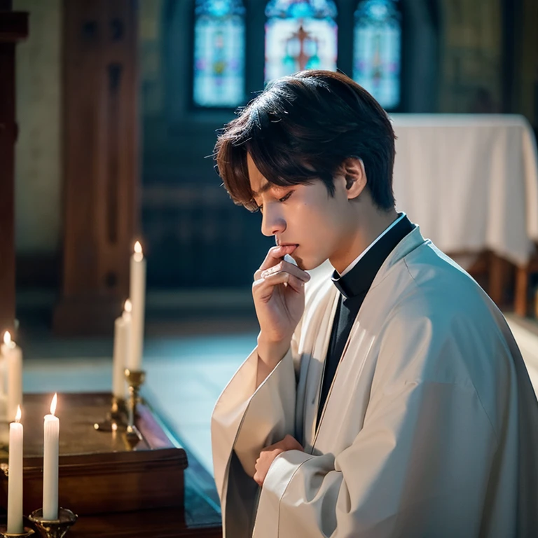 Jungkook dressed as a priest, grieving, praying silently in front of an altar