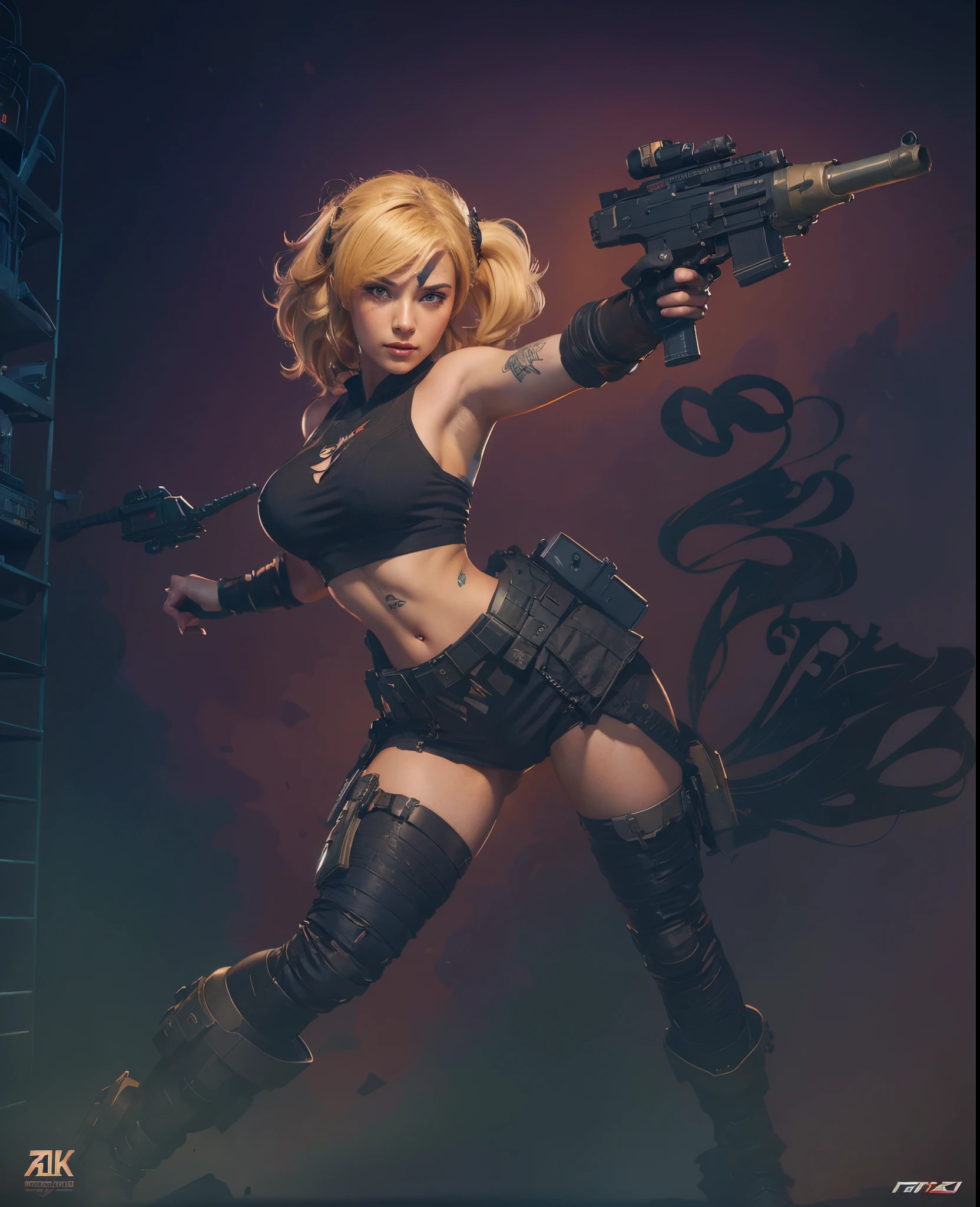 Beautiful quirky blonde Tank gal, a cigarello, wearing a pony tail hair style, tatoos, band aides, apocolymptic battle zone, comic art 8k resolution,ARTSTYLE_AlexRoss_ComicArt_ownwaifu,gun, face and goggles, artwork in the style of guweiz, guweiz, tank gal, artgerm craig mullins, greg tocchini, inspired by Jules Chéret, lois van baarle and rossdraws, lois van rossdraws, ross tran!!!, wojtek fus