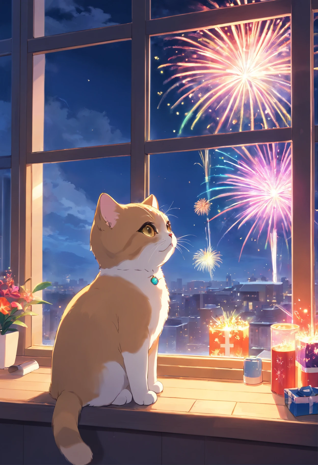 a scottish fold cat, adorable, snowy day, ((Beautiful fireworks outside the window,Huge and colorful fireworks,Colorful))