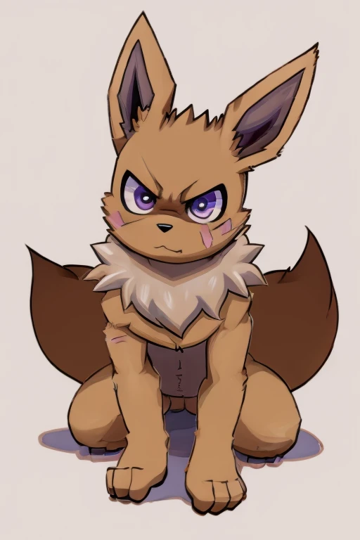 illustration style, anime, feral eevee, on fours, with an whiter humanoid face, purple and gray inner ears, light brown fur, light skinny body, big floofy white fur around the neck, tough looking, angry face, scar on left eye, purple inner ears, black marks on skin