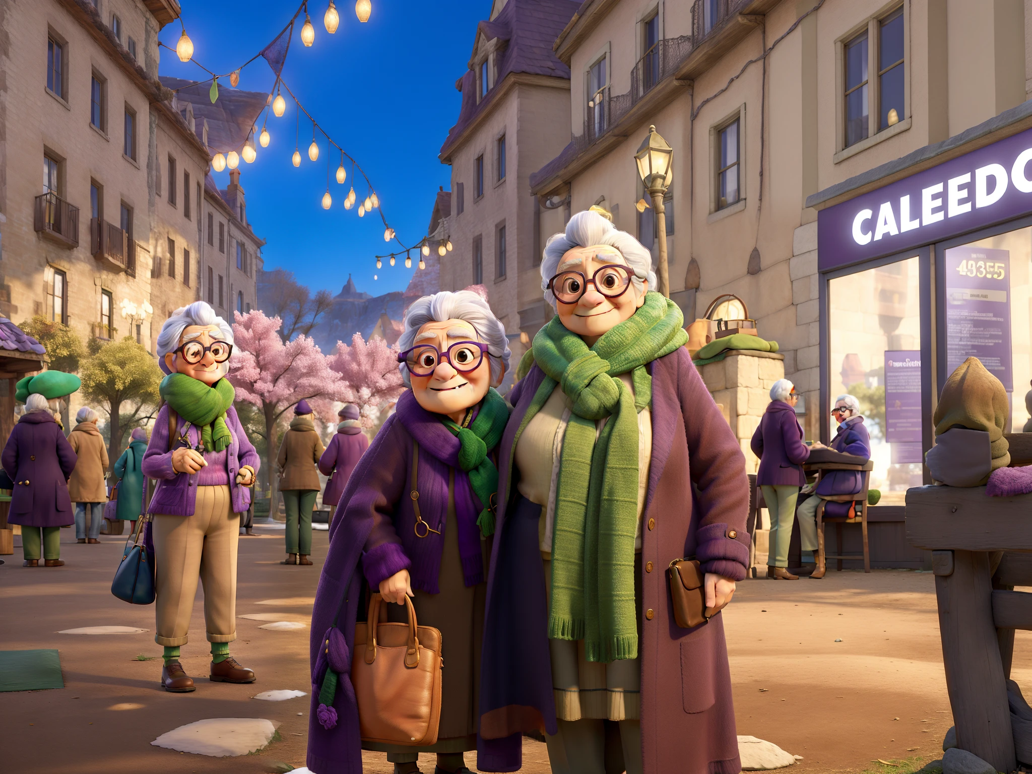 masterpiece, best quality, an old woman with glasses and a scarf on, wearing a purple coat and green scarf, standing at the park