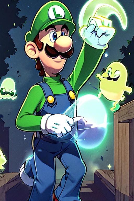 Luigi, (Flashy Mustache) blue overalls, green shirt, green cap with the letter L, smiling, 1boy, short man, little man, short legs, short arms, cartoon looking, walking cautiously, dynamic expression, fear, (fist to top: 1.1), big hands, big feet, (white gloves: 1.1), haunted mansion setting, walking through a haunted mansion, ghosts flying