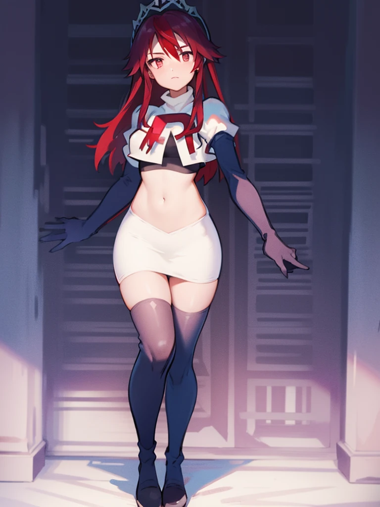 rosariarnd, team rocket,team rocket uniform, red letter R, white skirt,white crop top,black thigh-highs,black elbow gloves