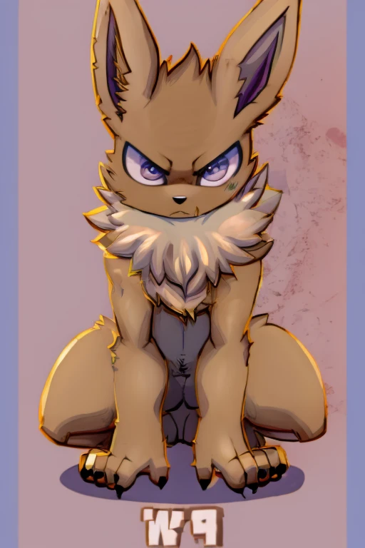 illustration style, anime, feral eevee, on fours, with an whiter humanoid face, purple and gray inner ears, light brown fur, light skinny body, big floofy white fur around the neck, tough looking, angry face, scar on left closed eye, purple inner ears, black marks on skin