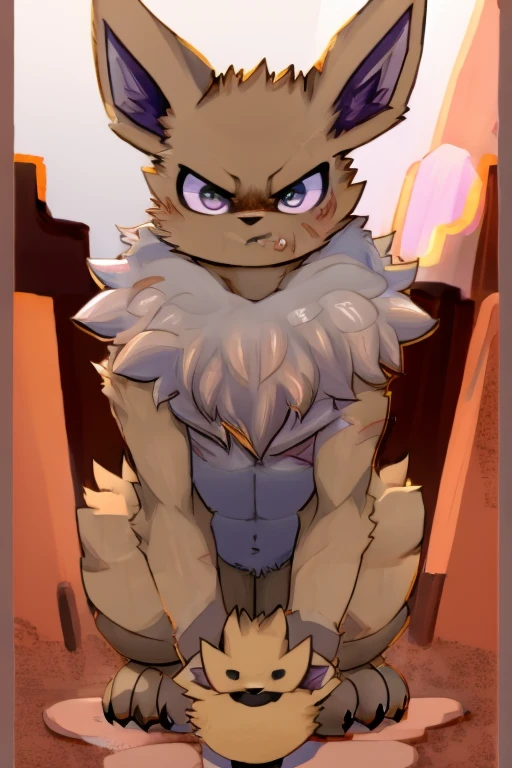 illustration style, anime, feral eevee, on fours, with an whiter humanoid face, purple and gray inner ears, light brown fur, light skinny body, big floofy white fur around the neck, tough looking, angry face, scar on left closed eye, purple inner ears, black marks on skin