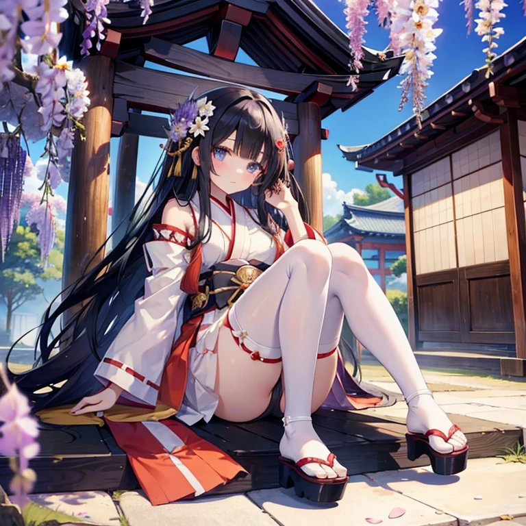Girl with long black hair、shrine maiden clothe、Kagura Suzu、Wisteria flower hair ornament、sandals、white stockings、shrines、Blue eyes