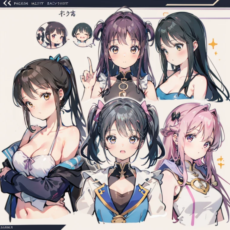 Best Quality、CharacterDesignSheet、You can use magic、faces、shot from top、Variety of facial expressions、colourful hair、smil、domineering、Laugh、