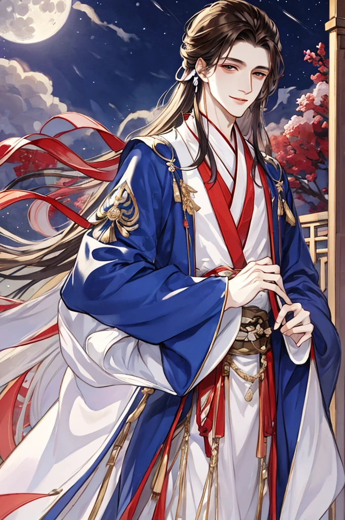 tmasterpiece,Best Picture Quality,Brunette man,male people,white hanfu,,long, floated hair,Wide-sleeved robe,ancient wind,Solid color clothes,The clothes do not have any patterns,Smilingly,gentlesoftlighting,water ink,Behind it the full moon,