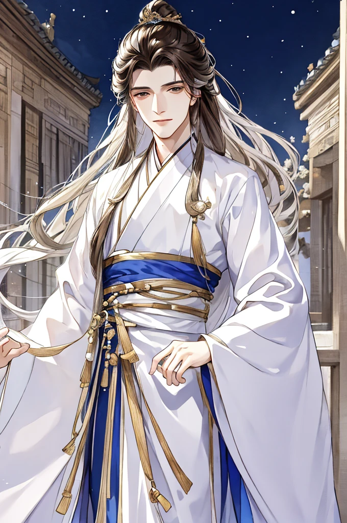tmasterpiece，Best Picture Quality，Brunette man，male people，white hanfu，，long, floated hair，Wide-sleeved robe，ancient wind，Solid color clothes，The clothes do not have any patterns，Smilingly，gentlesoftlighting，water ink，Behind it  the full moon，