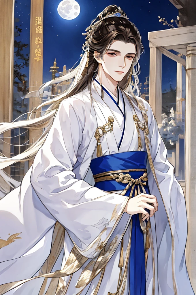 tmasterpiece,Best Picture Quality,Brunette man,male people,white hanfu,,long, floated hair,Wide-sleeved robe,ancient wind,Solid color clothes,The clothes do not have any patterns,Smilingly,gentlesoftlighting,water ink,Behind it the full moon,