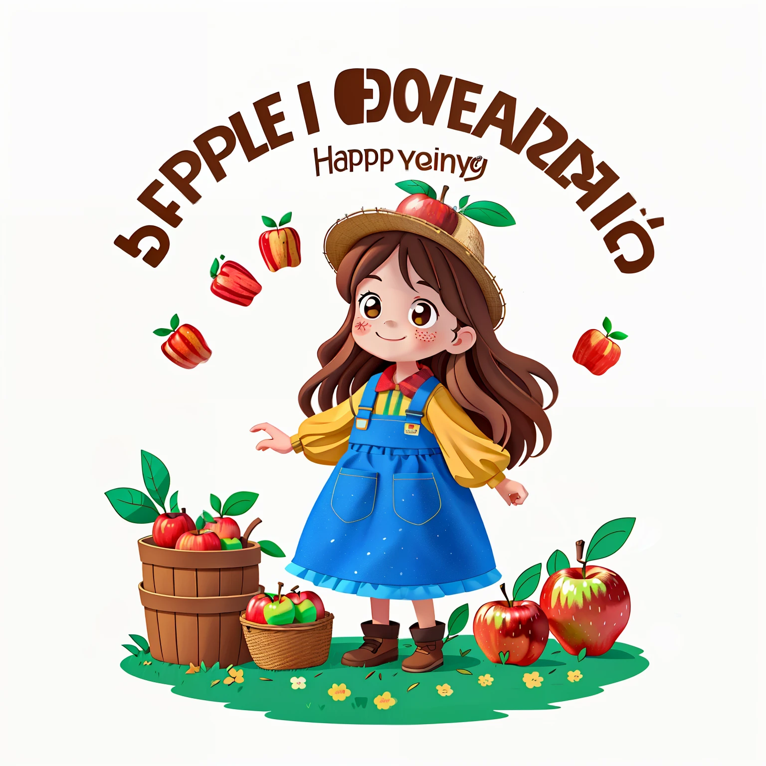 Girl with long brown hair,Wear farm clotheumper harvest,apple harvest(orchard)(orchard)in the early morning,(There love)Happy,Surrounded by love,Surrounded by love,O sign,vector,line art,designs,inspiration,straight line,RHAD