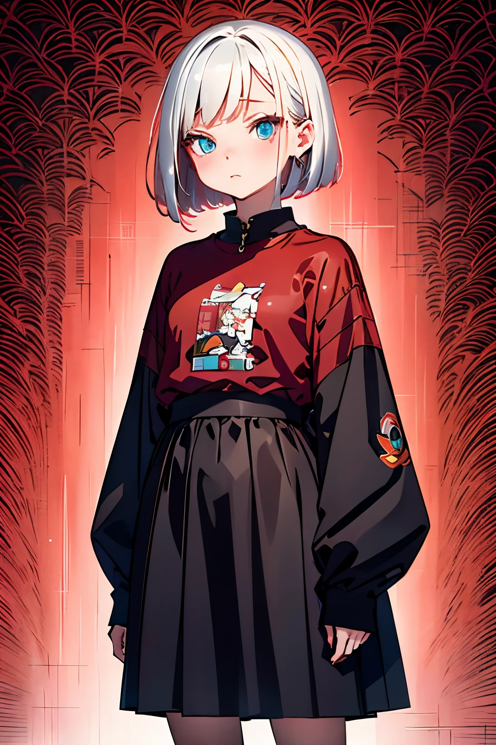 complex geometric pattern background、dark color、Anime style、cowboy  shot、Cute *********** s、a short bob、Looking away、baggyＴThe shirt、loose-fitting clothes、Retro、top-quality、ultra-detailliert、High quality detailing