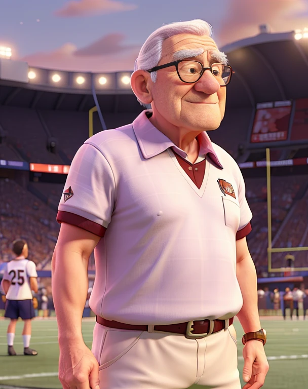 a wise old man on a football field with the crowd behind him wearing a garnet blouse and white shorts