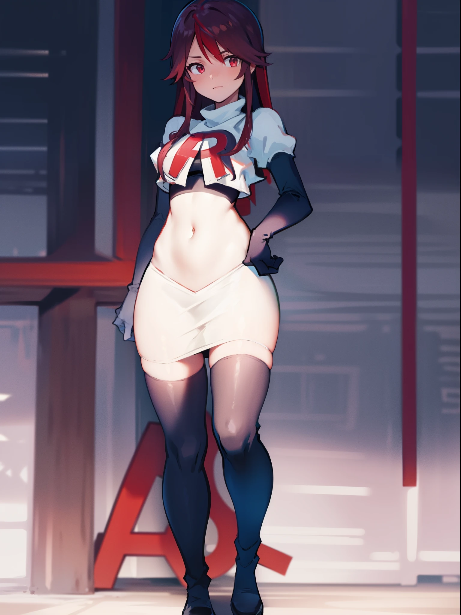 rosariarnd, team rocket,team rocket uniform, red letter R, white skirt,white crop top,black thigh-highs,black elbow gloves