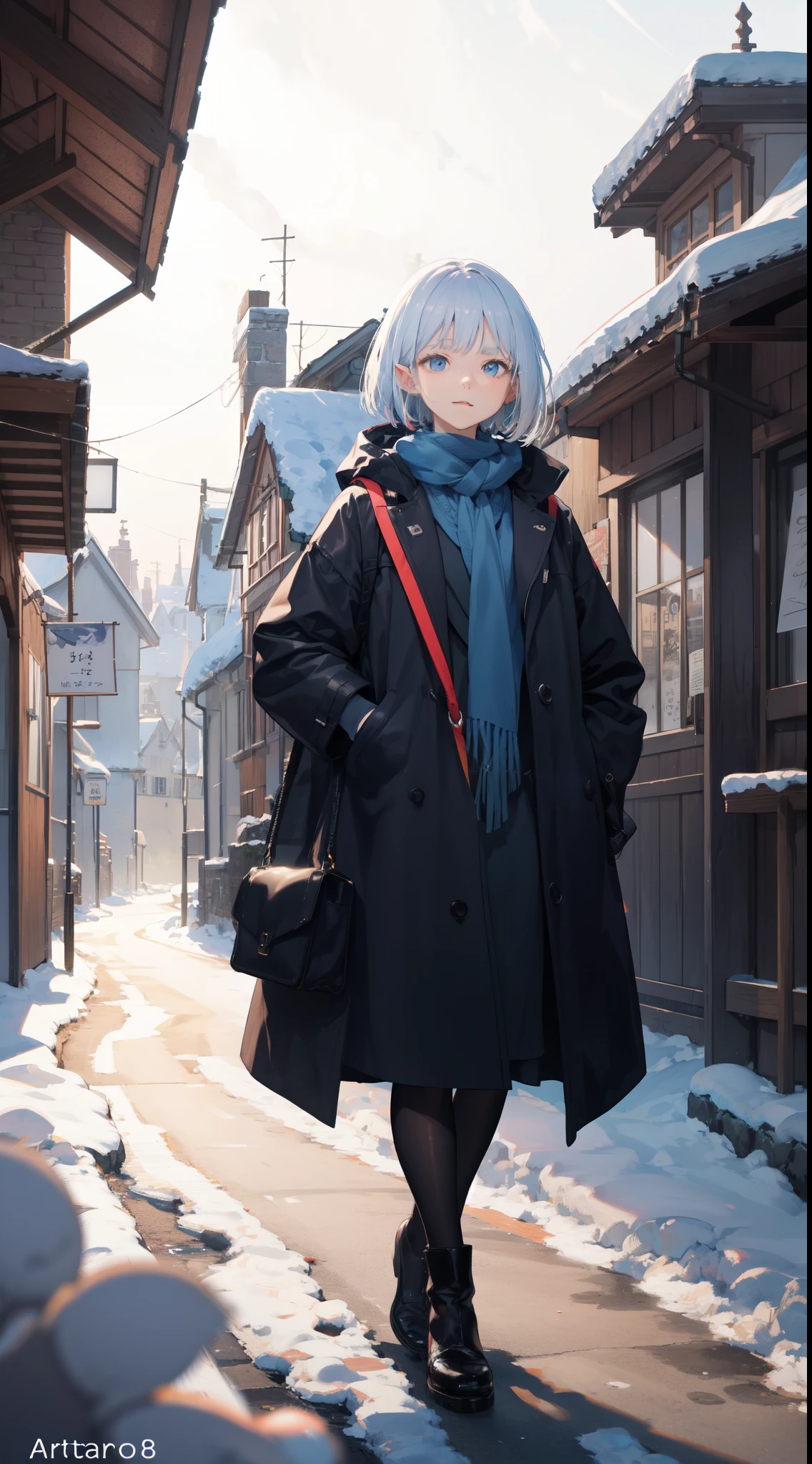 professional portrait photograph of a gorgeous elf girl in winter clothing with Bob cut silver hair, sultry flirty look, gorgeous symmetrical face, (beautiful detailed face:1.3), blue eyes, cute natural makeup, wearing elegant warm winter fashion clothing, ((standing outside in snowy Village street)), studio ghibli style street, neat, lifelike, pixiv, stunning German architecture, concept art, elegant, highly detailed, intricate, sharp focus, depth of field, f/1. 8, 85mm, medium shot, mid shot, (((professionally color graded))), bright soft diffused light, (volumetric fog), trending on artstation, hdr 4k, (depth of field:1.2), (blurry background:1.1), art style by Artgerm, by Kawacy, By Yusuke Murata,