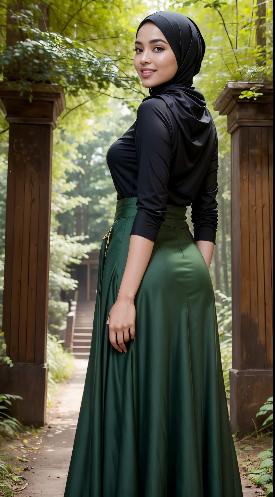 RAW, Best quality, high resolution, masterpiece: 1.3), beautiful Malay woman in hijau:0.8), perfect nose, perfect lips, beautiful face, perfect eyes, detail :1.2),((big breastasterpiece, quality best, very detailed,perfect body, woman in black skirt and green blouse, long skirt, dress, hijab, beautiful look, flowing dress, pleated skirt, style, long dress woman, wearing a long eloquent skirt, full body image, wearing a long cloth flowing, black skirt, beautifull buttocks, from behind, (looking at the audience, looking back, facial details, double eyelids, smiling),(sweet smile:1.1), (glossy lips:1.1), (beautiful eyes:1.1), background of the old building in the forest, covered in mouth,