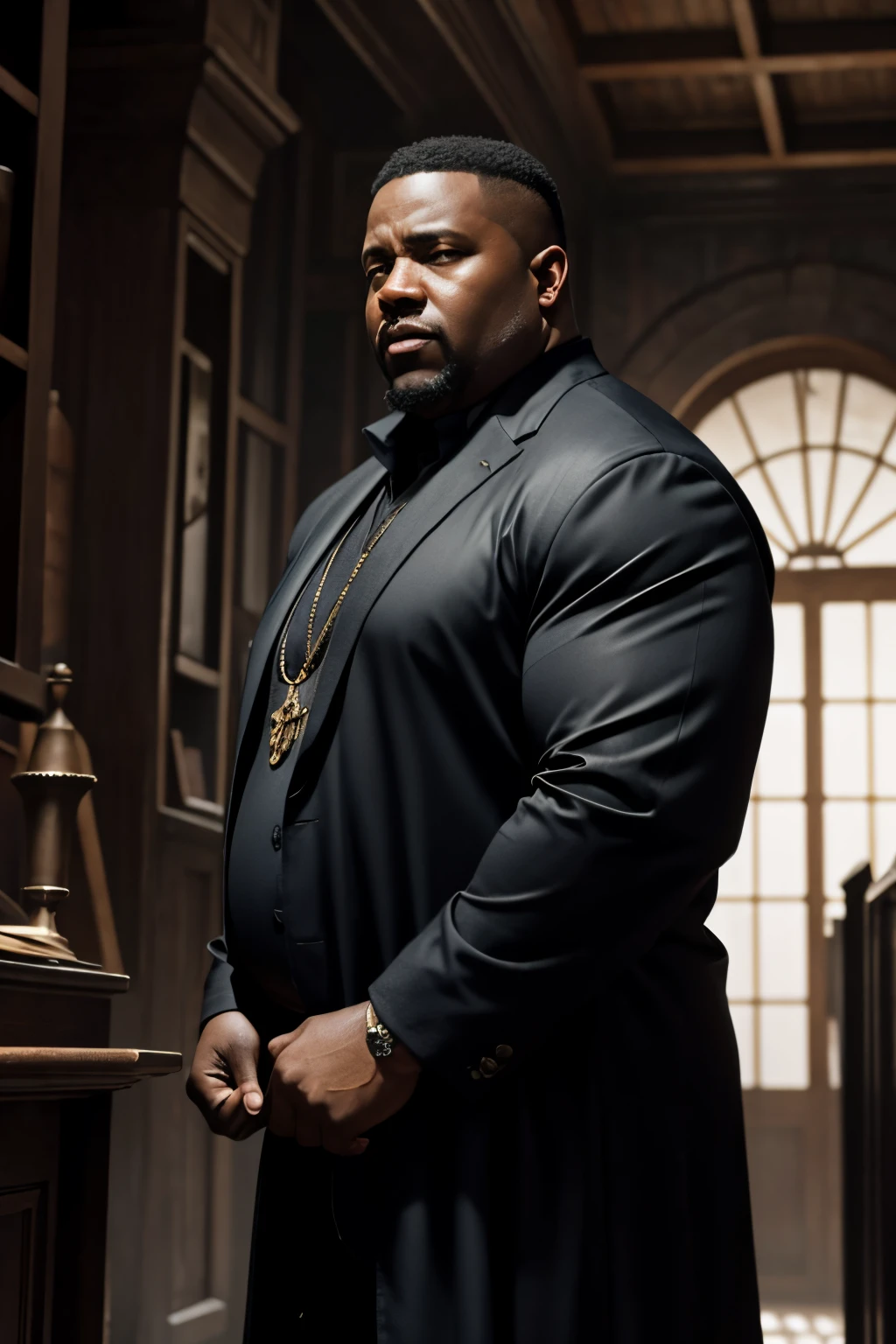 fantasy setting, dark clothes, tax collector, overweight, black man, 50 years old, tough, stern