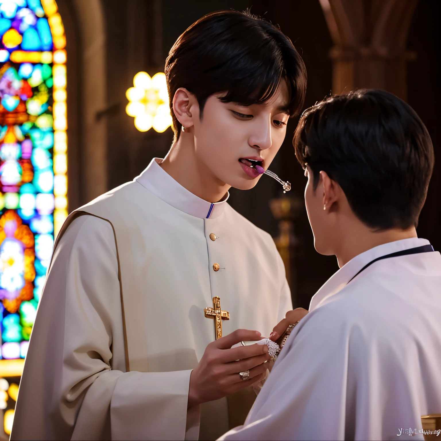 Priest Jungkook giving the host in his mouth to a man at mass