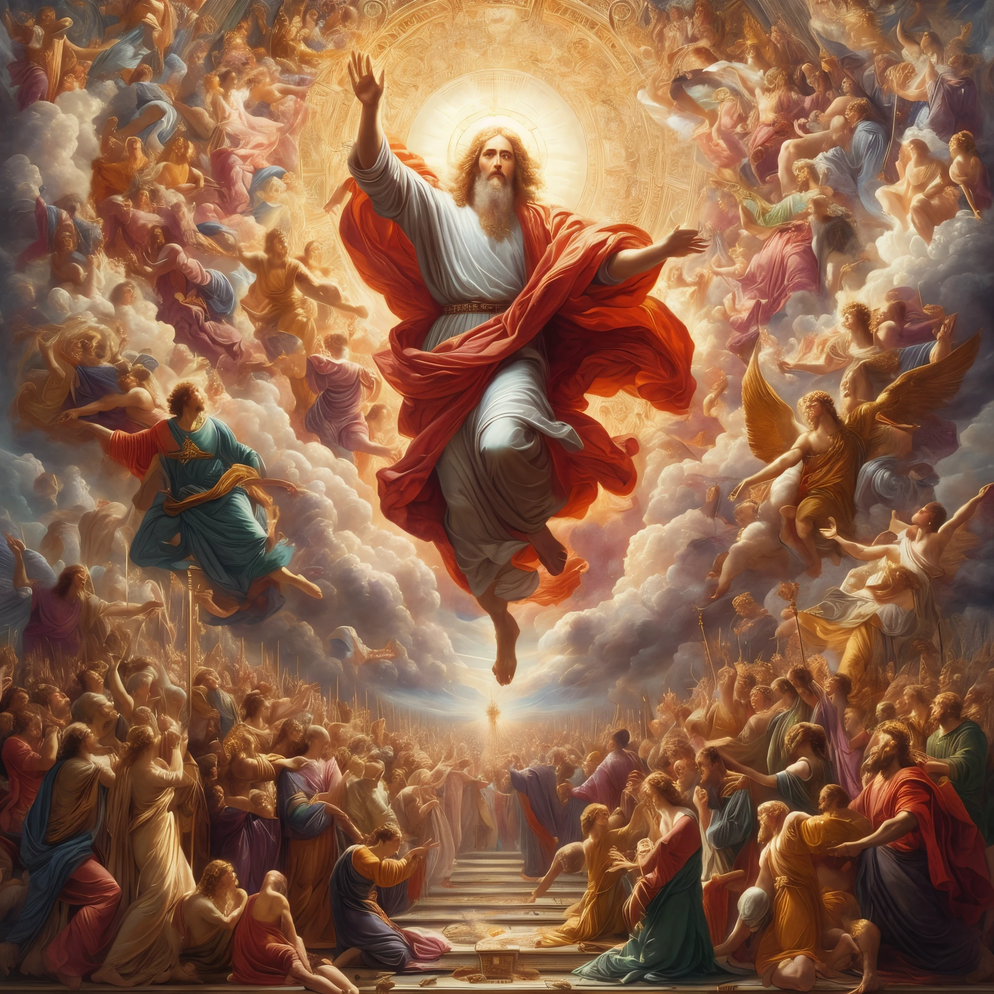 a painting of jesulying over a crowd of people, heavenly rapture, heaven!!!!!!!!, catholic religious art, divine realm of gods, epic biblical depiction, religious painting, portrait of a heavenly god, ascension, second coming, concept art of god, biblical painting, heaven on earth, the rapture, she  arriving heaven, divine god, apotheosis